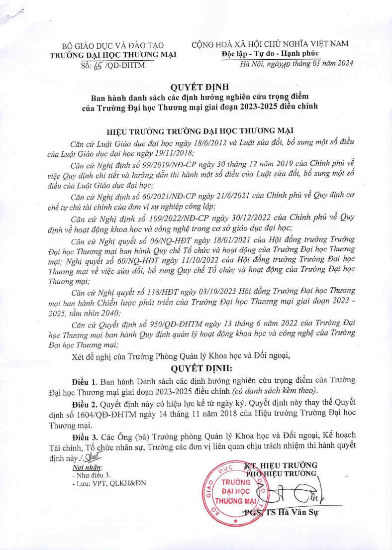 QĐ BAN HÀNH DANH SÁCH CÁC ĐỊNH HƯỚNG NGHIÊN CỨU TRỌNG ĐIỂM CỦA TRƯỜNG ĐH THƯƠNG MẠI GIAI ĐOẠN 2023-2025 ĐIỀU CHỈNH