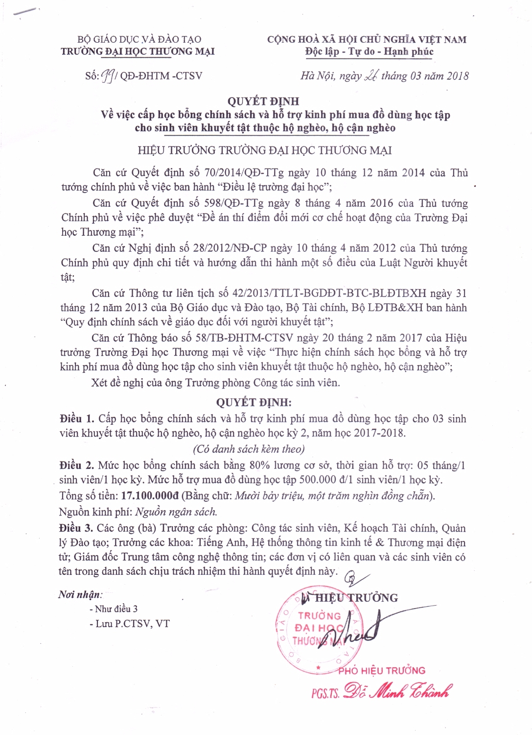 DS sinh viên khuyết tật được cấp học bổng theo QĐ 99/QĐ-ĐHTM-CTSV