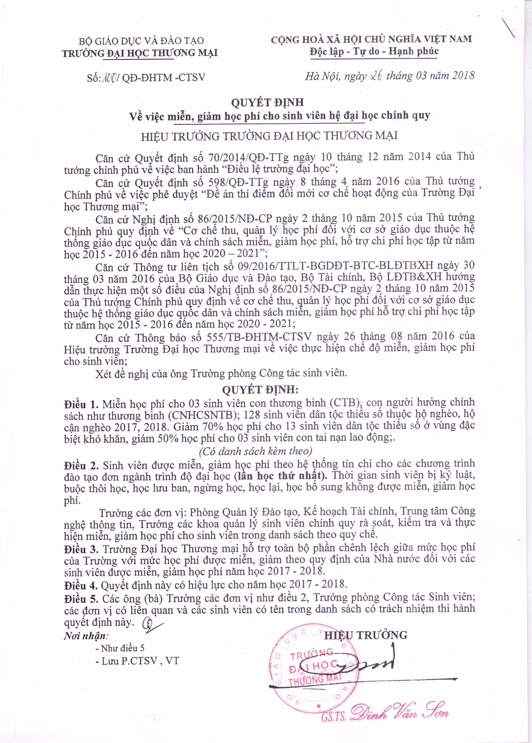 Danh sách sinh viên được miễn giảm học phí QĐ 100/QĐ-ĐHTM-CTSV